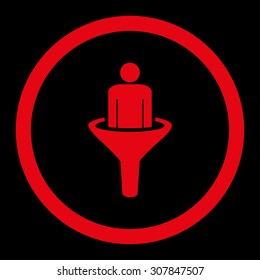 Sales funnel vector icon. This rounded flat symbol is drawn with red color on a black background.