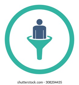 Sales funnel vector icon. This rounded flat symbol is drawn with cobalt and cyan colors on a white background.