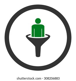 Sales funnel vector icon. This rounded flat symbol is drawn with green and gray colors on a white background.