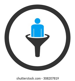 Sales funnel vector icon. This rounded flat symbol is drawn with blue and gray colors on a white background.