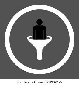 Sales funnel vector icon. This rounded flat symbol is drawn with black and white colors on a gray background.