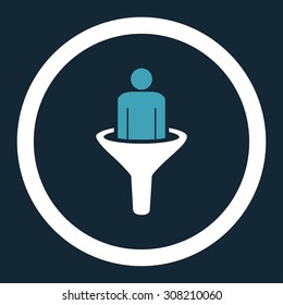 Sales funnel vector icon. This rounded flat symbol is drawn with blue and white colors on a dark blue background.