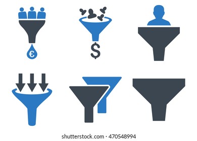 Sales Funnel vector icons. Icon style is bicolor smooth blue flat symbols with rounded angles on a white background.