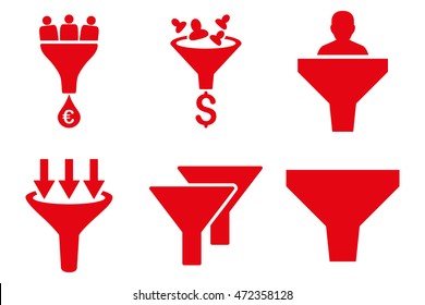Sales Funnel vector icons. Pictogram style is red flat icons with rounded angles on a white background.