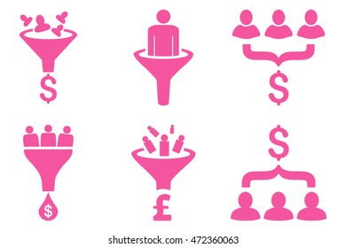 Sales Funnel vector icons. Pictogram style is pink flat icons with rounded angles on a white background.