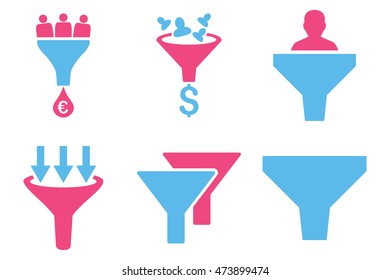 Sales Funnel vector icons. Pictogram style is bicolor pink and blue flat icons with rounded angles on a white background.