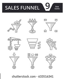 Sales Funnel - Vector Set Of Thin Line Icons. Internet Marketing Strategy Concept.