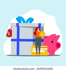 Sales gift concept. Woman holding coin and standing on near of big giftbox, credit card symbol and piggy bank. Money bonus, reward program and cash back.