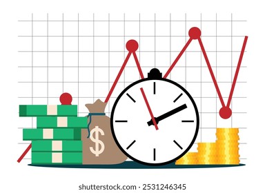 Sales Graph with Stacks of Dollars and Clock Time is Money Concept. Banking and doing business vector art