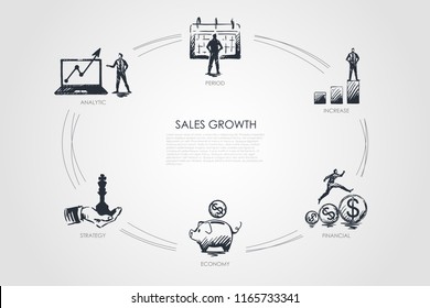 Sales growth - analytic, period, increase, economy, strategy set concept. Hand drawn isolated vector