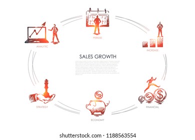 Sales growth - analytic, period, increase, economy, strategy set concept. Hand drawn isolated vector