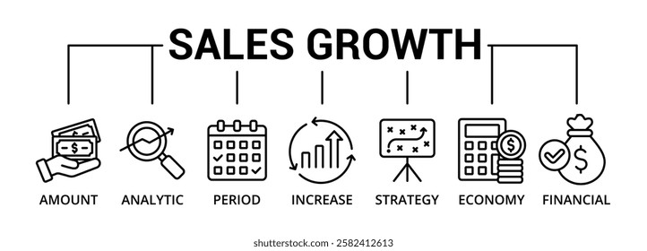 Sales Growth banner icon with amount, analytic, period, increase, strategy, economy, financial