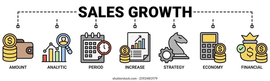 Sales growth banner web icon set vector illustration concept with icon of amount, analytic, period, increase, strategy, economy and financial icons. Outline color vector symbol background.