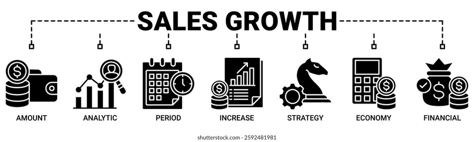 Sales growth banner web icon set vector illustration concept with icon of amount, analytic, period, increase, strategy, economy and financial icons. Solid color vector symbol background.