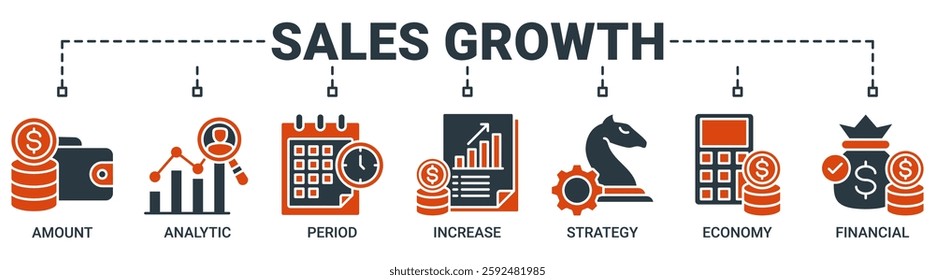 Sales growth banner web icon set vector illustration concept with icon of amount, analytic, period, increase, strategy, economy and financial icons. Solid color vector symbol background.