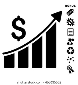 Sales Growth Bar Chart icon with bonus pictograms. Vector illustration style is flat iconic symbols, black color, white background, rounded angles.