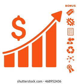 Sales Growth Bar Chart icon with bonus pictograms. Vector illustration style is flat iconic symbols, orange color, white background, rounded angles.