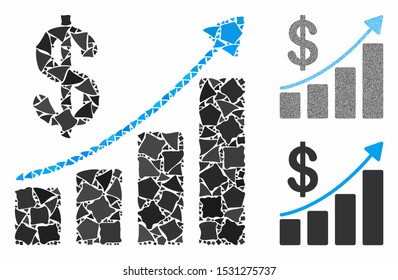 Sales growth composition of bumpy parts in different sizes and color tinges, based on sales growth icon. Vector ragged parts are combined into collage. Sales growth icons collage with dotted pattern.