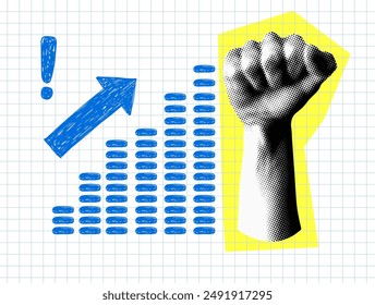 Sales growth concept. Modern collage with sales chart and halftone fist raised up. Trendy newspaper elements, doodle illustration on checkered background. Concept of successful business, startup