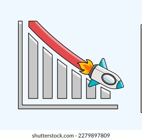 El crecimiento de las ventas disminuyó el gráfico de cohetes. Concepto de éxito en el crecimiento de la puesta en marcha de la financiación empresarial