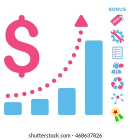 Sales Growth icon with bonus pictograms. Vector illustration style is flat iconic bicolor symbols, pink and blue colors, white background, rounded angles.