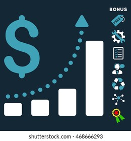 Sales Growth icon with bonus pictograms. Vector illustration style is flat iconic bicolor symbols, blue and white colors, dark blue background, rounded angles.