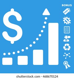 Sales Growth icon with bonus pictograms. Vector illustration style is flat iconic symbols, white color, blue background, rounded angles.