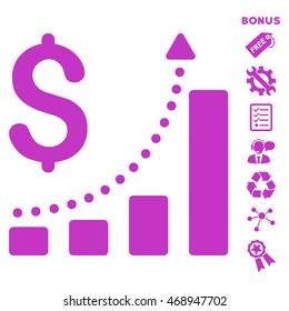 Sales Growth icon with bonus pictograms. Vector illustration style is flat iconic symbols, violet color, white background, rounded angles.