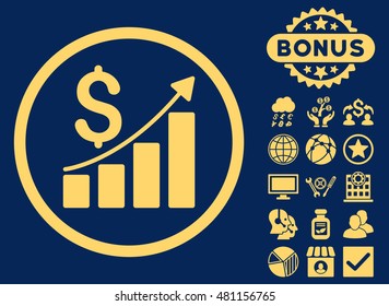 Sales Growth icon with bonus. Vector illustration style is flat iconic symbols, yellow color, blue background.