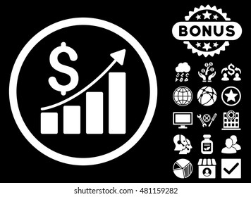 Sales Growth icon with bonus. Vector illustration style is flat iconic symbols, white color, black background.