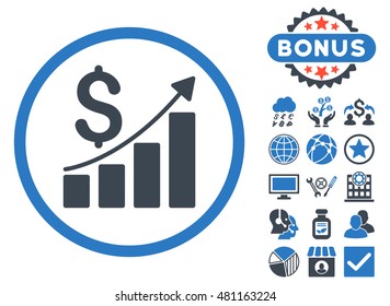 Sales Growth icon with bonus. Vector illustration style is flat iconic bicolor symbols, smooth blue colors, white background.