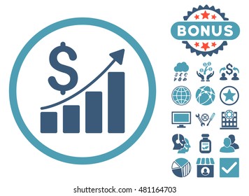 Sales Growth icon with bonus. Vector illustration style is flat iconic bicolor symbols, cyan and blue colors, white background.