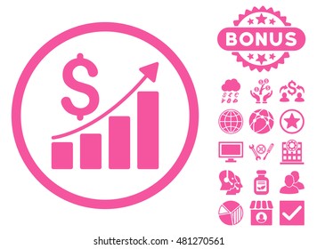 Sales Growth icon with bonus. Vector illustration style is flat iconic symbols, pink color, white background.