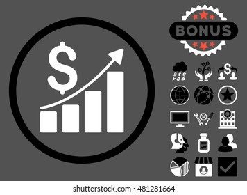 Sales Growth icon with bonus. Vector illustration style is flat iconic bicolor symbols, black and white colors, gray background.