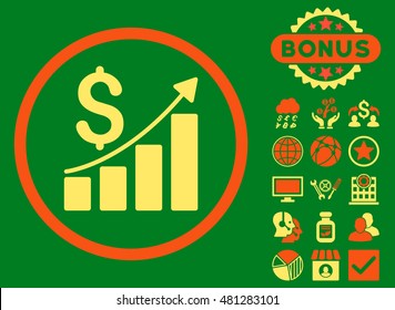 Sales Growth icon with bonus. Vector illustration style is flat iconic bicolor symbols, orange and yellow colors, green background.