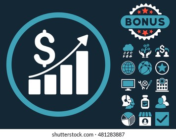 Sales Growth icon with bonus. Vector illustration style is flat iconic bicolor symbols, blue and white colors, dark blue background.
