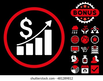 Sales Growth icon with bonus. Vector illustration style is flat iconic bicolor symbols, red and white colors, black background.