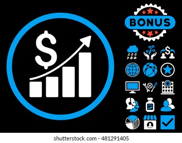 Sales Growth icon with bonus. Vector illustration style is flat iconic bicolor symbols, blue and white colors, black background.