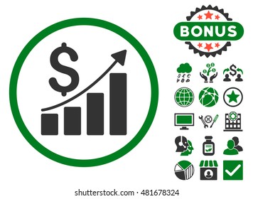 Sales Growth icon with bonus. Vector illustration style is flat iconic bicolor symbols, green and gray colors, white background.