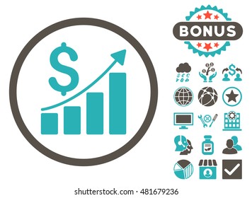 Sales Growth icon with bonus. Vector illustration style is flat iconic bicolor symbols, grey and cyan colors, white background.