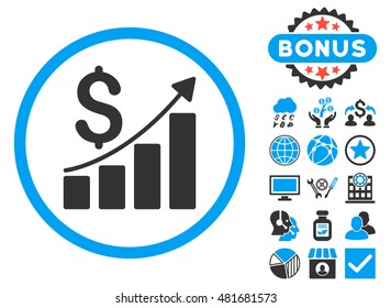 Sales Growth icon with bonus. Vector illustration style is flat iconic bicolor symbols, blue and gray colors, white background.