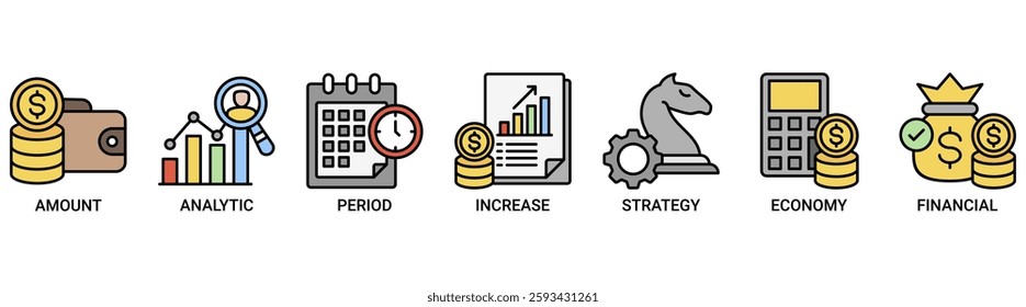 Sales growth icon set vector illustration concept with icon of amount, analytic, period, increase, strategy, economy and financial icons. Outline color vector symbol background.