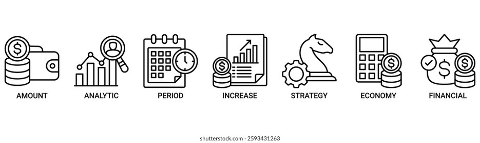 Sales growth icon set vector illustration concept with icon of amount, analytic, period, increase, strategy, economy and financial icons. Outline vector symbol background.