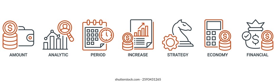 Sales growth icon set vector illustration concept with icon of amount, analytic, period, increase, strategy, economy and financial icons. Outline vector symbol background.