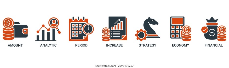 Sales growth icon set vector illustration concept with icon of amount, analytic, period, increase, strategy, economy and financial icons. Solid color vector symbol background.