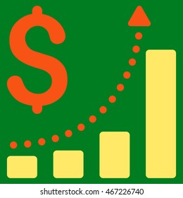 Sales Growth icon. Vector style is bicolor flat iconic symbol with rounded angles, orange and yellow colors, green background.