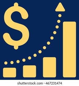 Sales Growth icon. Vector style is flat iconic symbol with rounded angles, yellow color, blue background.