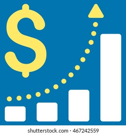 Sales Growth icon. Vector style is bicolor flat iconic symbol with rounded angles, yellow and white colors, blue background.