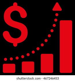Sales Growth icon. Vector style is flat iconic symbol with rounded angles, red color, black background.