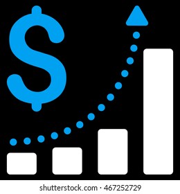 Sales Growth icon. Vector style is bicolor flat iconic symbol with rounded angles, blue and white colors, black background.